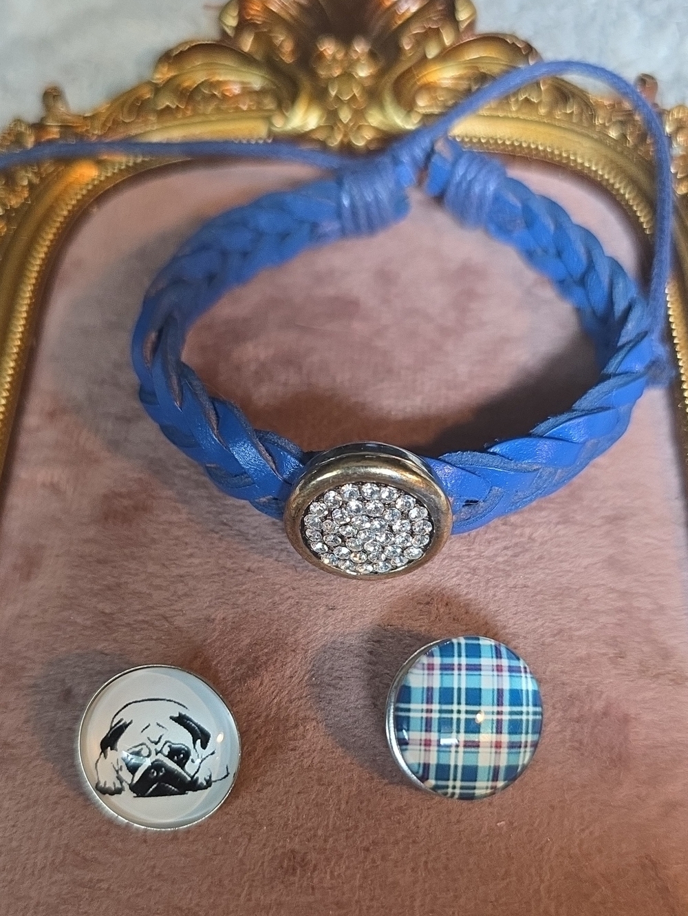 Vintage Ginger Snaps Blue Braided Bracelet With 3 Snaps